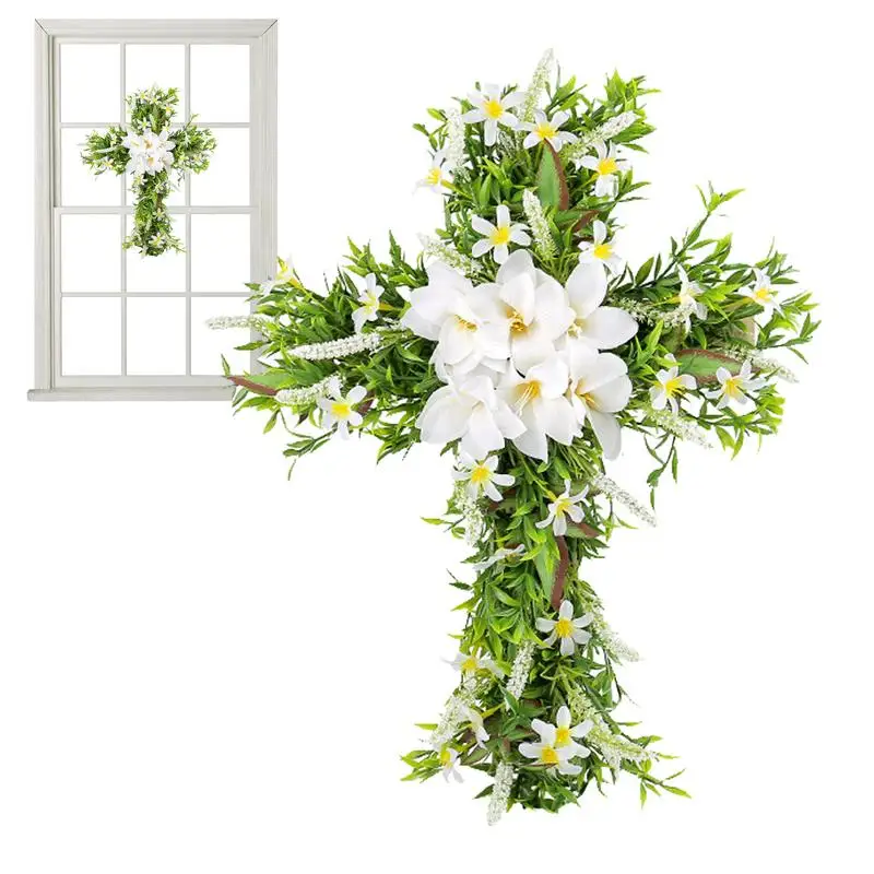 

Венок с крестом, весна-лето, цветочный венок, классический деревянный Пасхальный крест, Декор, искусственная лилий, зелень, Настенный декор для двери дома