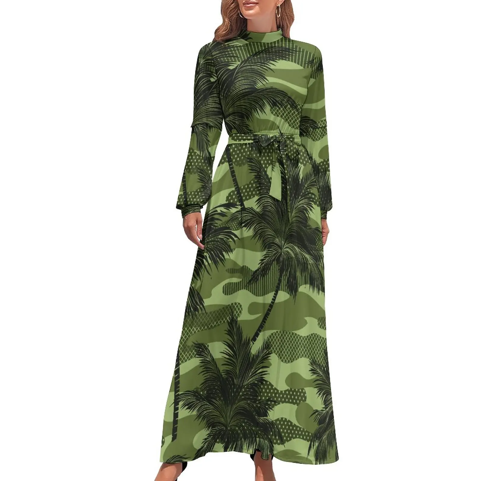 

Green Camo Print Dress Palm Tree Print Kawaii Graphic Maxi Dress High Neck Long-Sleeve Casual Boho Beach Long Dresses