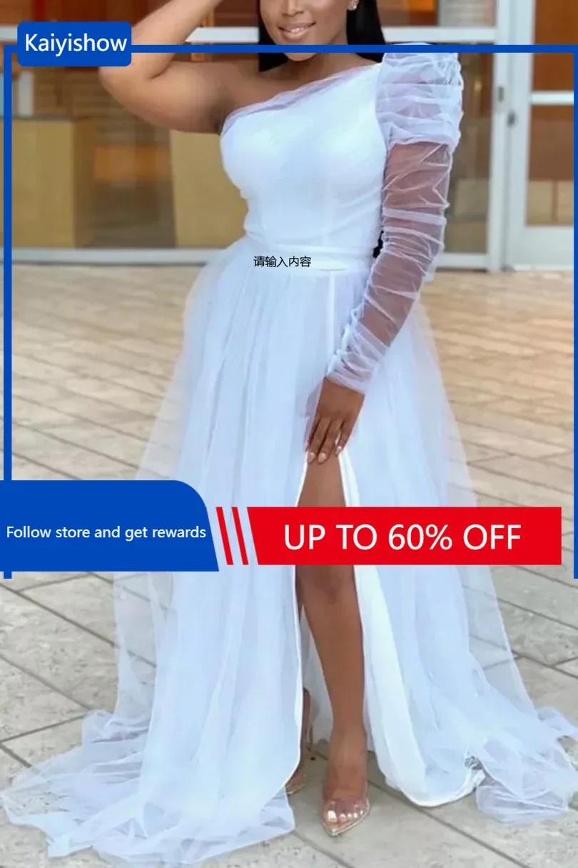 

2024 Summer Women Plus Size Slash Neck Mesh Dresses Charming High Waist One Sleeve See-through Slit Floor-length Gown Dress