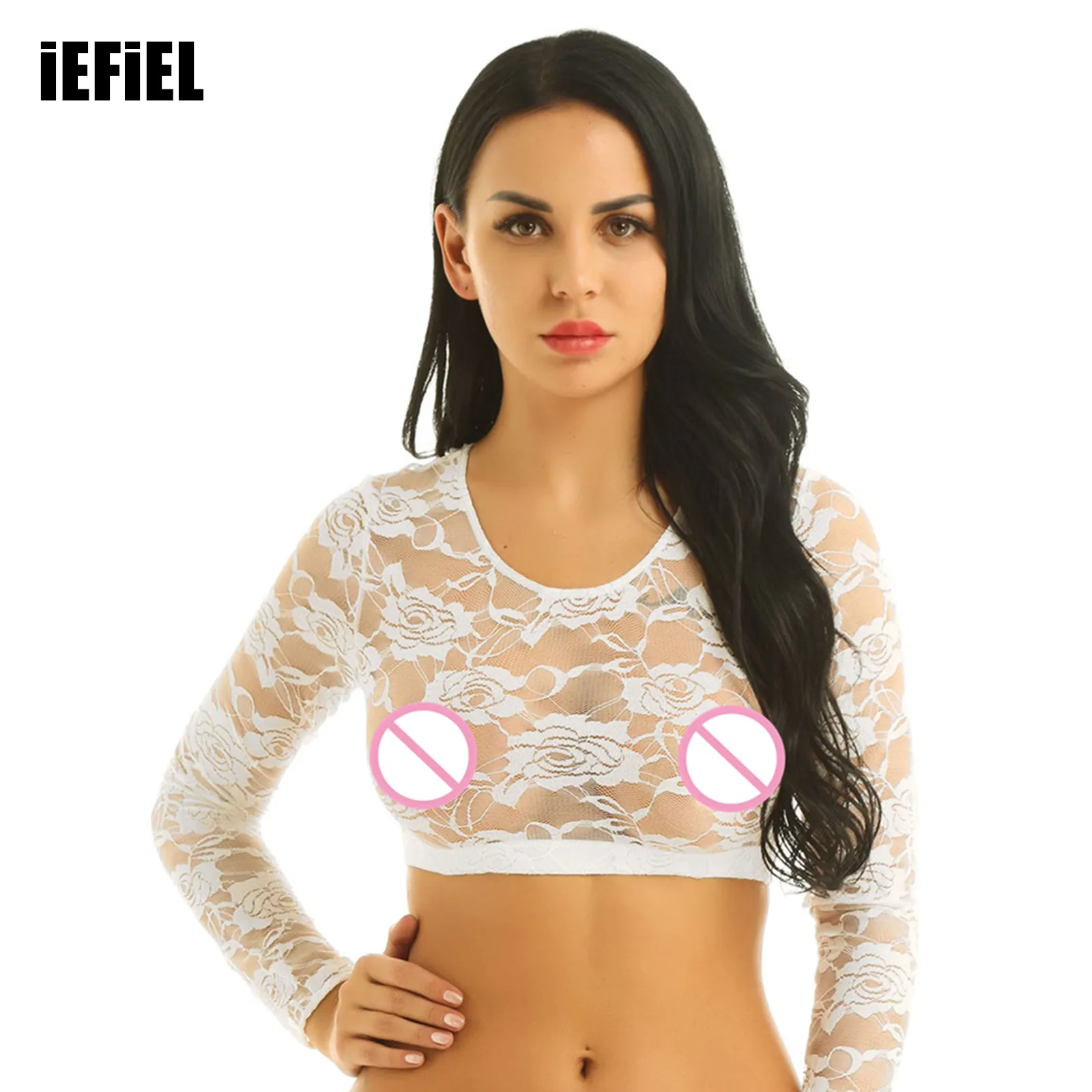 

Women Soft Lace Floral Mesh Crop Tops See Through Sheer Scoop Neck Long Sleeves Short Blouse T-shirt