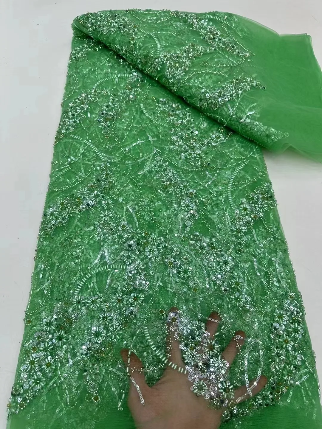 Green Lace Fabric Pearl and Crystal Sequins Fabric Luxury Evening Dresses 2024 Beaded Lace Fabric Gold French Lace For Sewing 
Green Lace Fabric Pearl and Crystal Sequins Fabric Luxury Evening Dresses 2024 Beaded Lace Fabric Gold French Lace For Sewing