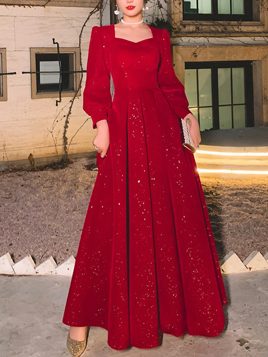 

Женские вечерние платья с длинным рукавом, ярко-красное платье для выпускного, длинное ТРАПЕЦИЕВИДНОЕ ПЛАТЬЕ для гостей свадьбы