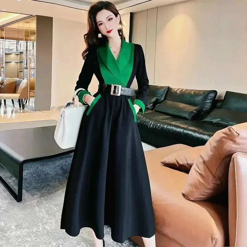 

High End Atmospheric Goddess Style Temperament Dress 2024 New Autumn Women Mid Length Color Contrast Stitching Large Swing Skirt