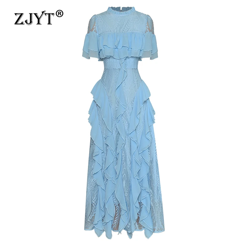 

ZJYT 2024 Summer Runway Ruffles Patchwork Lace Dresses for Women Blue Elegant Short Sleeve Party Dress Fashion Holiday Vestidos