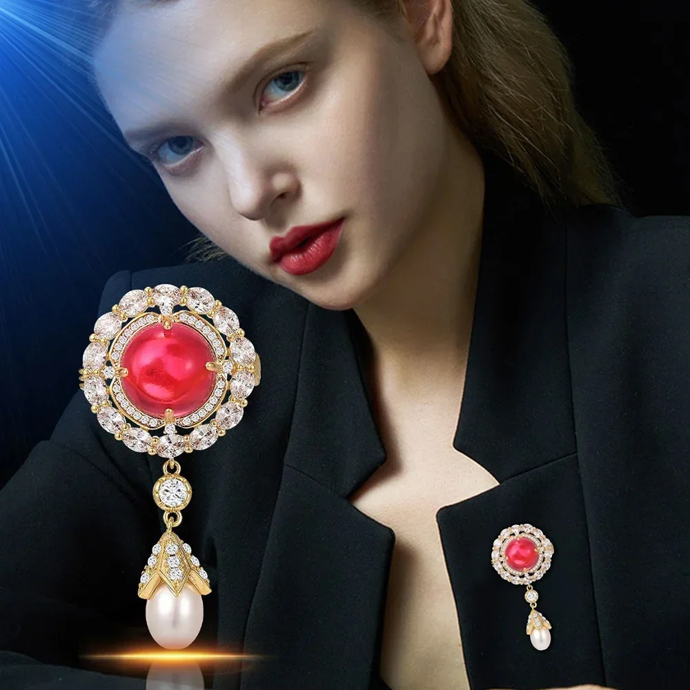 

fashion Red Round Zircon Hanging Brooches Lapel Pins Brooch for Women personality Clothing catwalk Accessories Jewelry Gifts new