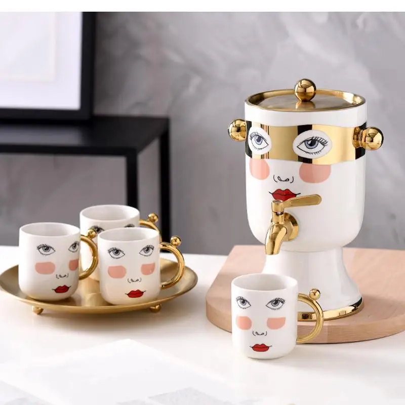 

Water Jug Household Flower Teapot Juice Dispenser Creative Face Mask with Filter Cold Kettle Ceramicwith Tap Beverage Dispenser