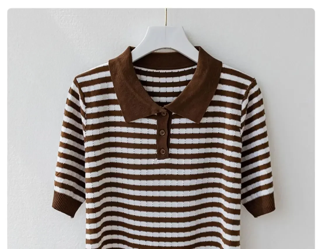 Fashion Women Short Sleeve Striped Knitted Polo Shirts Spring Summer All-match Tees Female Clothing New Pullover Bottoming Tops 35 Sf51e497c050a4e05923d5c134b508bf1r