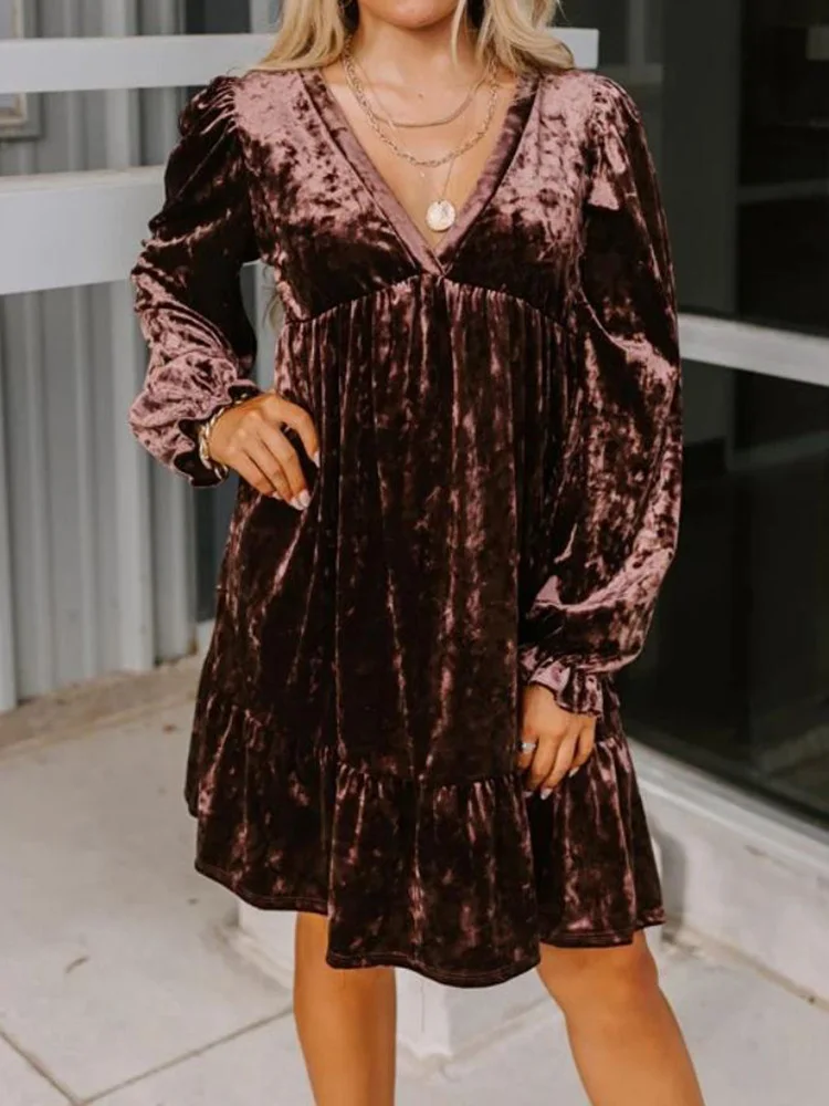Holiday Folds Deep V-Neck Loungewear Dress, Women Long Petal Sleeve Solid Party Dress, Autumn Winter Simple Patchwork Mini Dress
Holiday Folds Deep V-Neck Loungewear Dress, Women Long Petal Sleeve Solid Party Dress, Autumn Winter Simple Patchwork Mini Dress