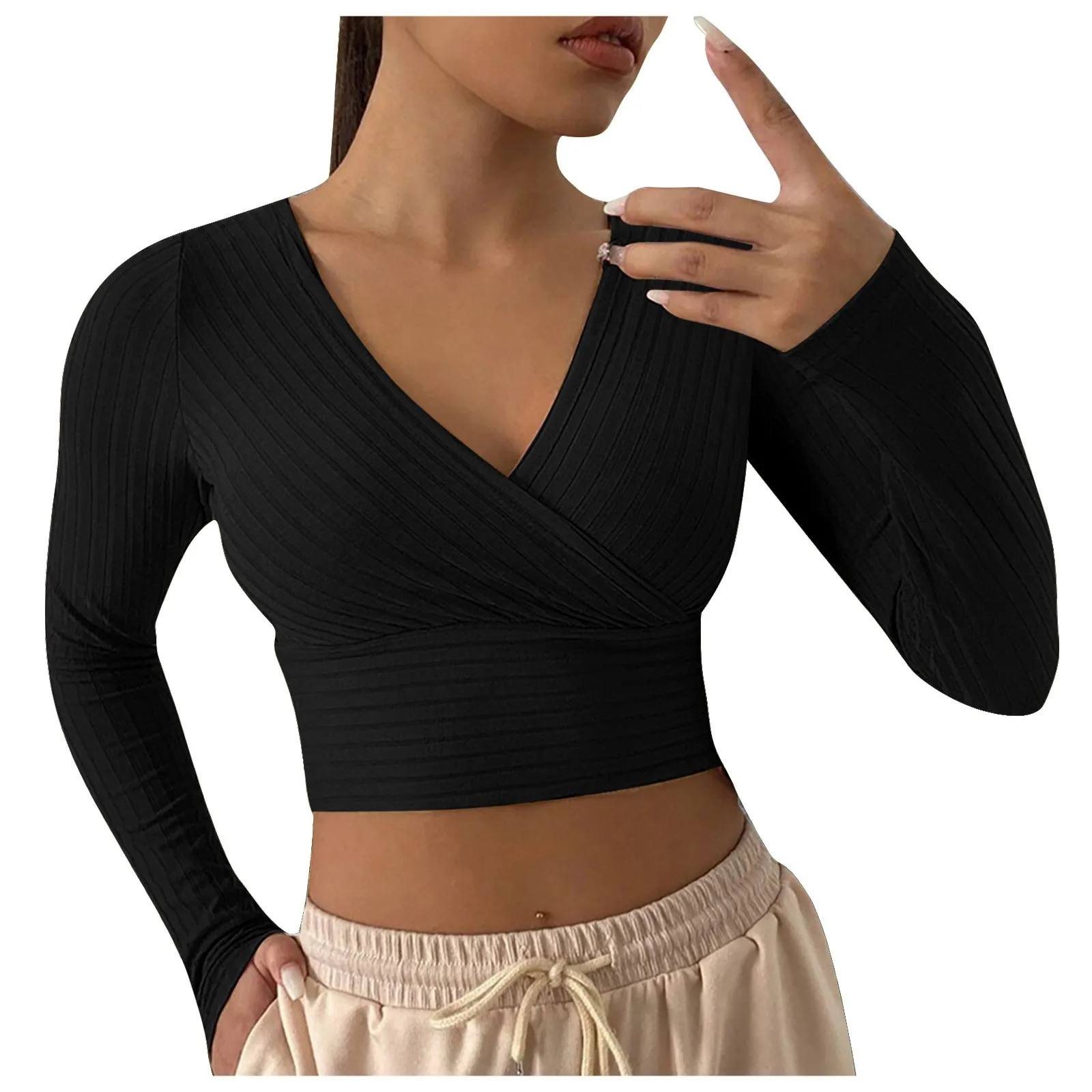 

Women Casual Solid Long Sleeve Crop T-Shirt Fashion V-Collar Bare Midriff Stretch Tops Ribbed Knitted Elastic Slim Skinny Tees