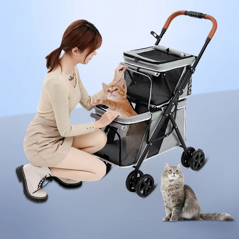 

Lightly foldable Double- layers Pet Stroller Carts Dog Large Space Four Wheels Detachable Pets Carrier Products