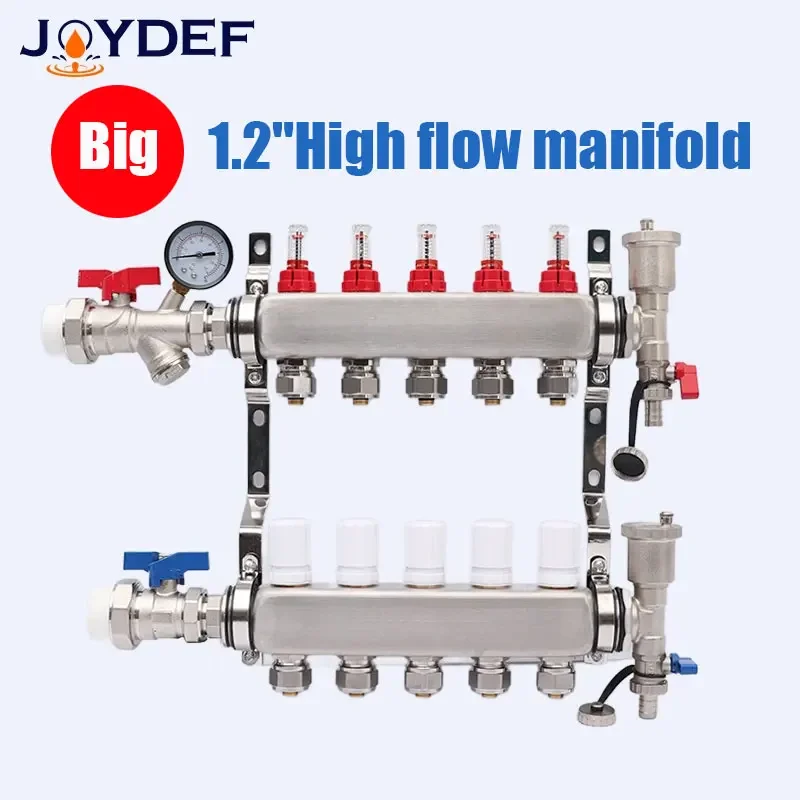 DN32 1.2" High flow stainless steel distribution manifold set with PPR ball valve, flow meter, hydraulic floor heating
DN32 1.2" High flow stainless steel distribution manifold set with PPR ball valve, flow meter, hydraulic floor heating