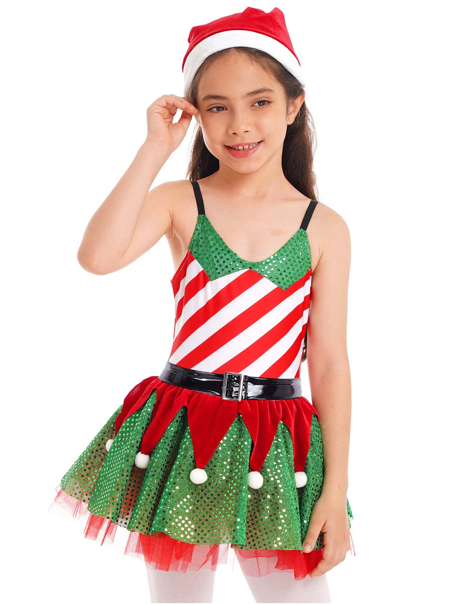 Kids Girls Elf Christmas Costume Xmas Party Santa Claus Cosplay Performance Sequin Striped Mesh Tutu Leotard Dress with Belt Hat
Kids Girls Elf Christmas Costume Xmas Party Santa Claus Cosplay Performance Sequin Striped Mesh Tutu Leotard Dress with Belt Hat