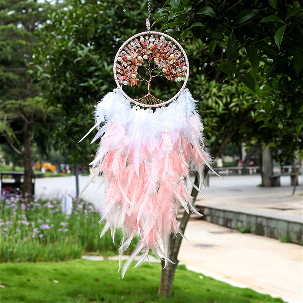 

Purple Tree of Life Dream Catcher Wall Decor with Healing Crystal Stone Handmade Feather Dream Catchers Decoration Wall Hanging