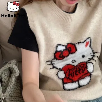 Sanrio Hello Kitty New Clothes Soft Sweater Vest Women Korean Style Knitted Tank Top Y2k Female Cute Sleeveless Pullover Outwear