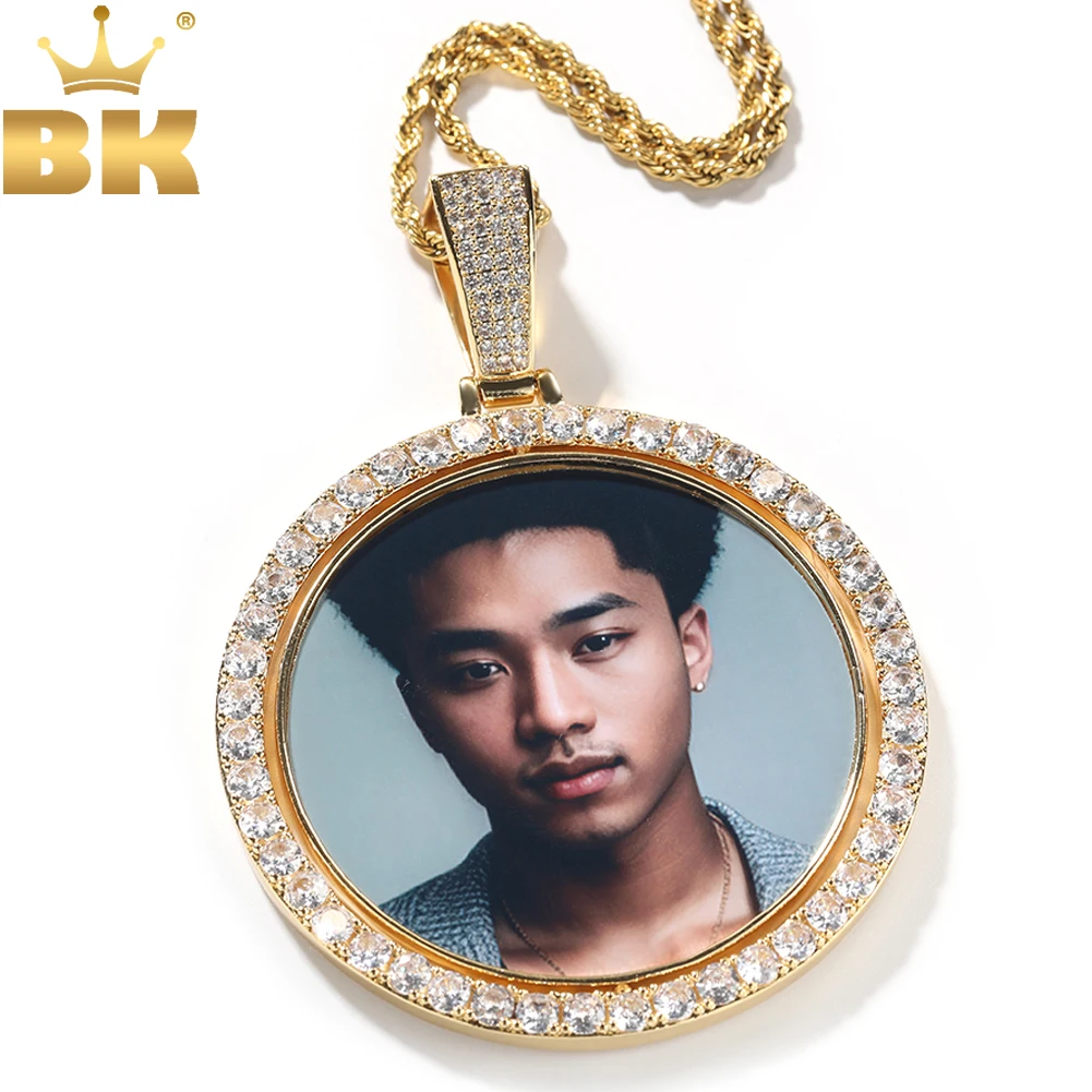 

THE BLING KING Custom Oversize Round Spin Photo Memory Pendant DIY Two Pic Medallions Necklace Hiphop Jewelry For Family Gift