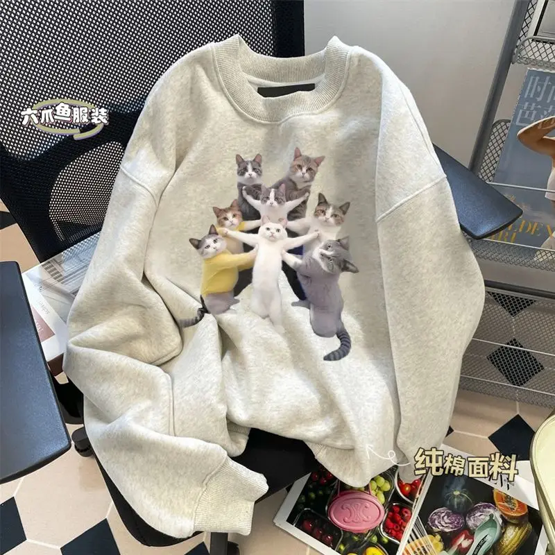 

Retro trend hip-hop creative cat print round neck sweater top autumn and winter loose fitting casual men and women long sleeves