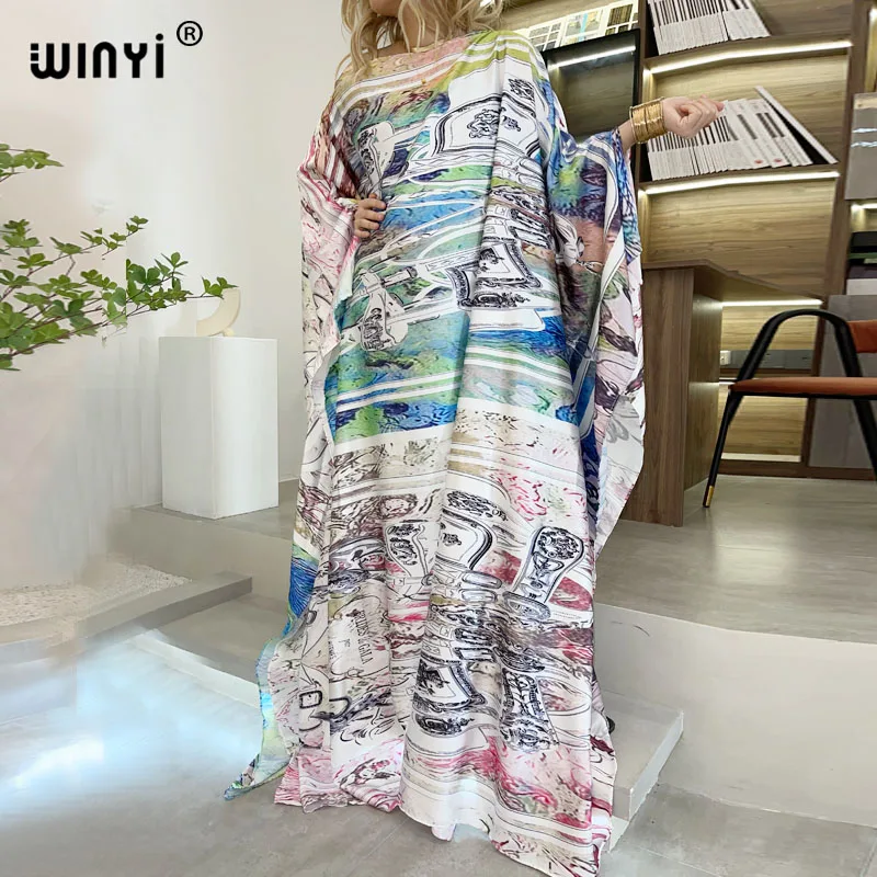 

WINYI 2021 Autumn Winter Runway Vintage Maxi Dress Women's Fashion Batwing Sleeve Flower Print Loose holiday party Maxi Dresses
