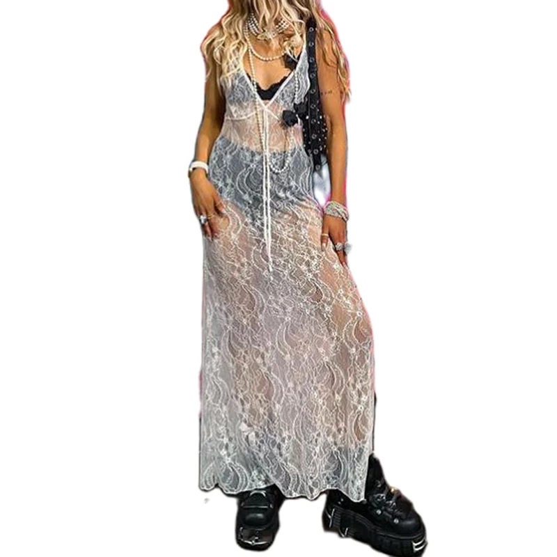 

Y2K Aesthetic Cover-Ups Long Dress Fairy Coquette Lace Sheer Maxi Dress Vintage Deep V Neck Sleeveless See-Through Streetwear