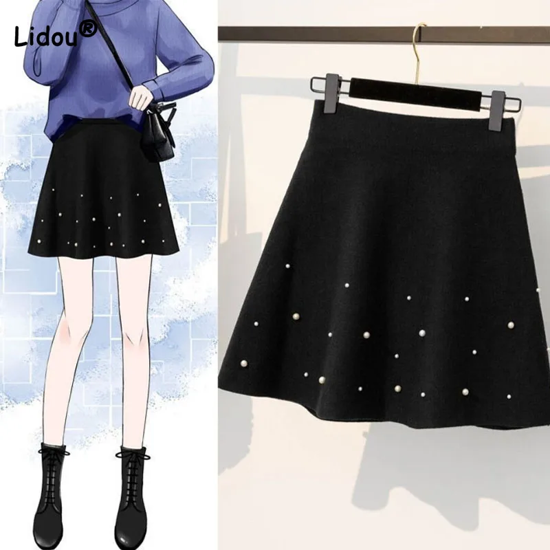 

Women's Clothing Autumn Winter Fashion Solid Color Chic Beading Spliced Mini Skirt Thick High Waist A-Line Skirts for Female