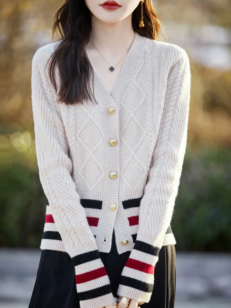 

New Chic Twist Flower Women Sweater Long Sleeve V-neck Cardigan 100% Merino Wool Soft Warm Cashmere Knitwear Korean Fashion Tops