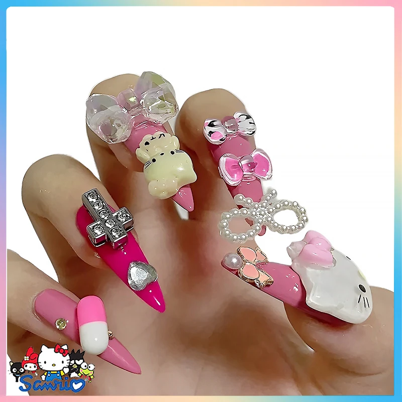 

Kawaii Sanrios Hello Kitty Wearing Armor Sexy Y2K My Melody False Nail Anime Cartoon Detachable Reusable 3D Manicure Girls Gifts