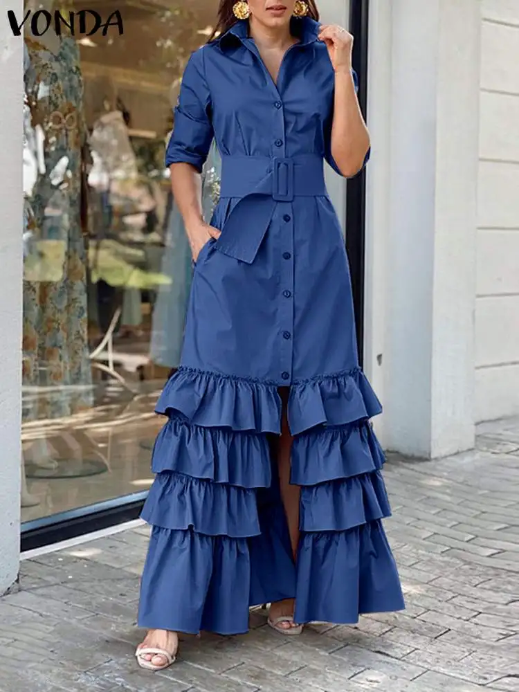 

VONDA Bohemian Demin Dress 2023 Button up Shirt Belted Maxi Sundress Solid Long Sleeve Ruffled Robe Women Casual Party Dress