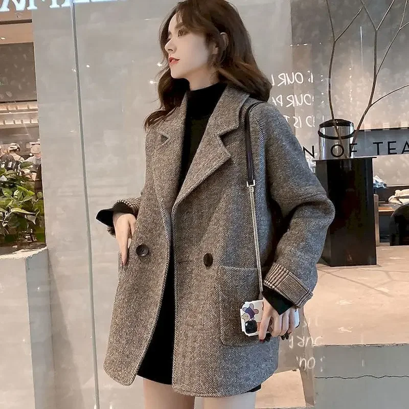 

UNXX Woolen Jacket Coat Women Korean British Style Loose Coat Autumn Winter Casual Double Breasted Trench Blazer Women Clothing