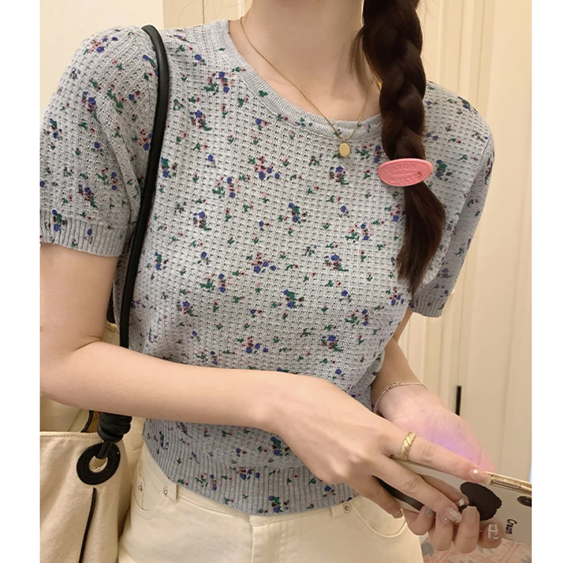 

Preppy Style O-Neck Short Sleeve Slim-Fit Cropped Top Printed Floral Waffle T-Shirts Women 2024 New Short Tees Shirts Female