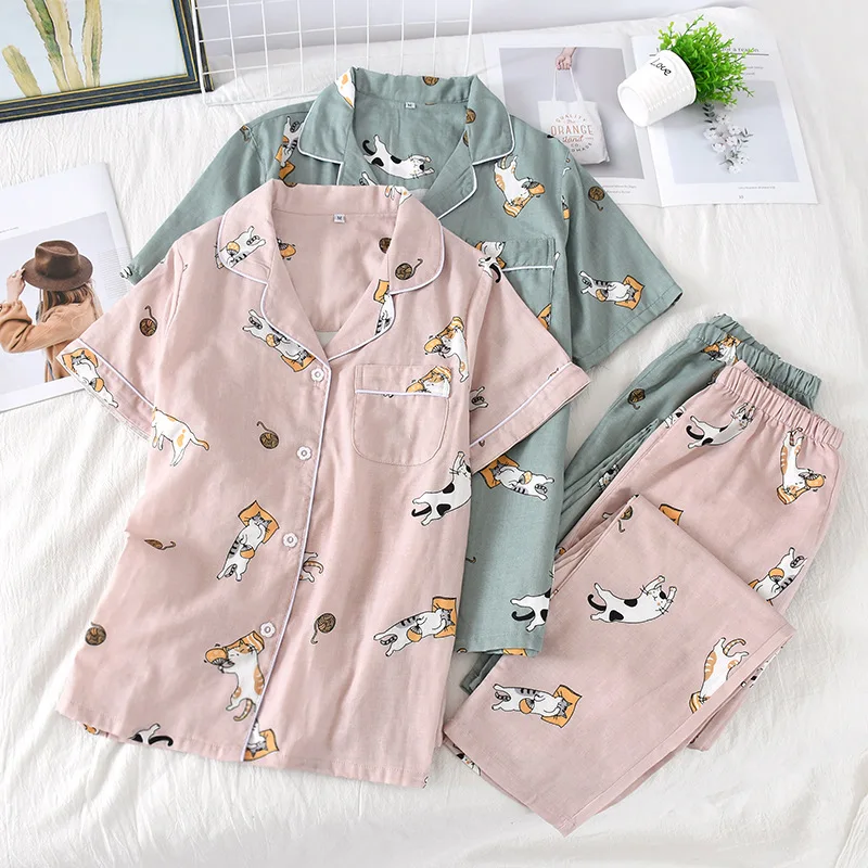 New Spring And Autumn Print Women's Pajamas Set 100% Cotton Simple Short Sleeved Trousers Two-Piece Home Service Sleepwear
New Spring And Autumn Print Women's Pajamas Set 100% Cotton Simple Short Sleeved Trousers Two-Piece Home Service Sleepwear