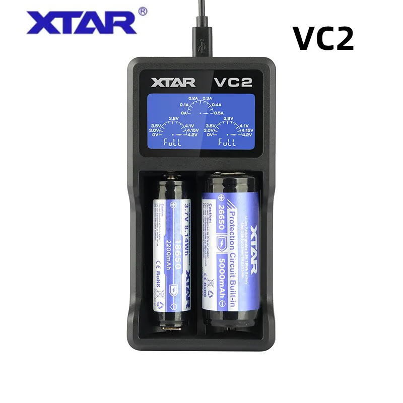 

XTAR VC2 charger for 10440/16340/14500/14650/17670/18350/18490/18500/18650/18700/26650/ 22650/ 20700/Li-Ion USB battery Charging