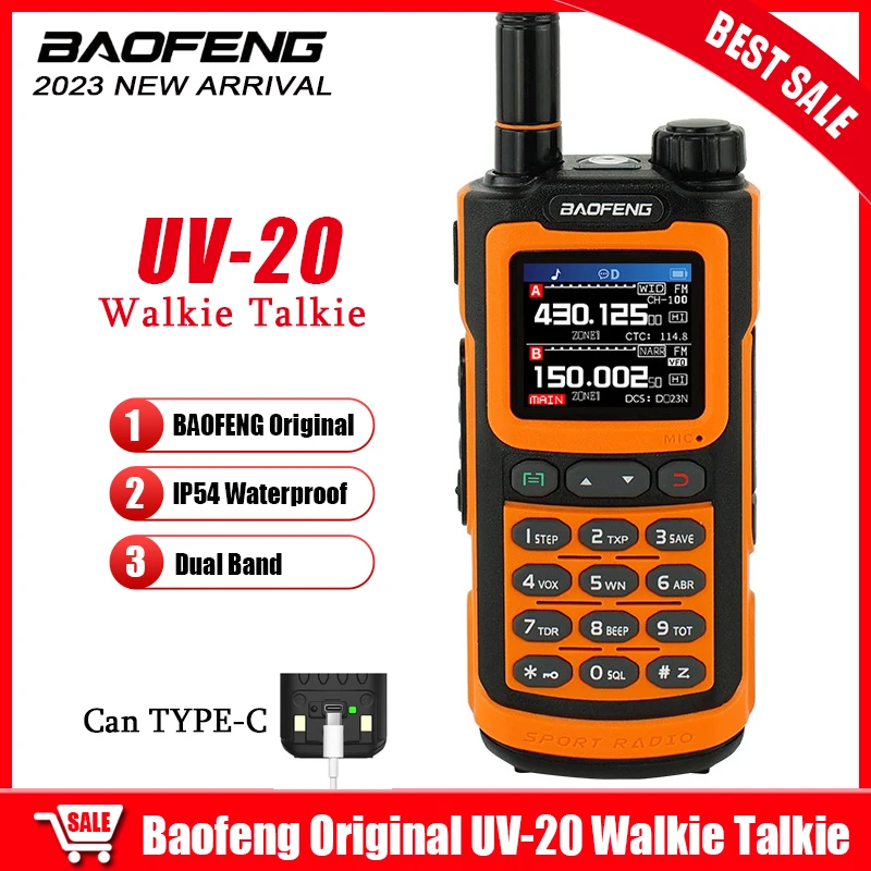 

2023 BAOFENG UV-20 Walkie Talkie 5W Dual Band 1000Channels IP54 Waterproof BF-UV20 Two Way Radios Type-C Charge UV20 Sport Radio