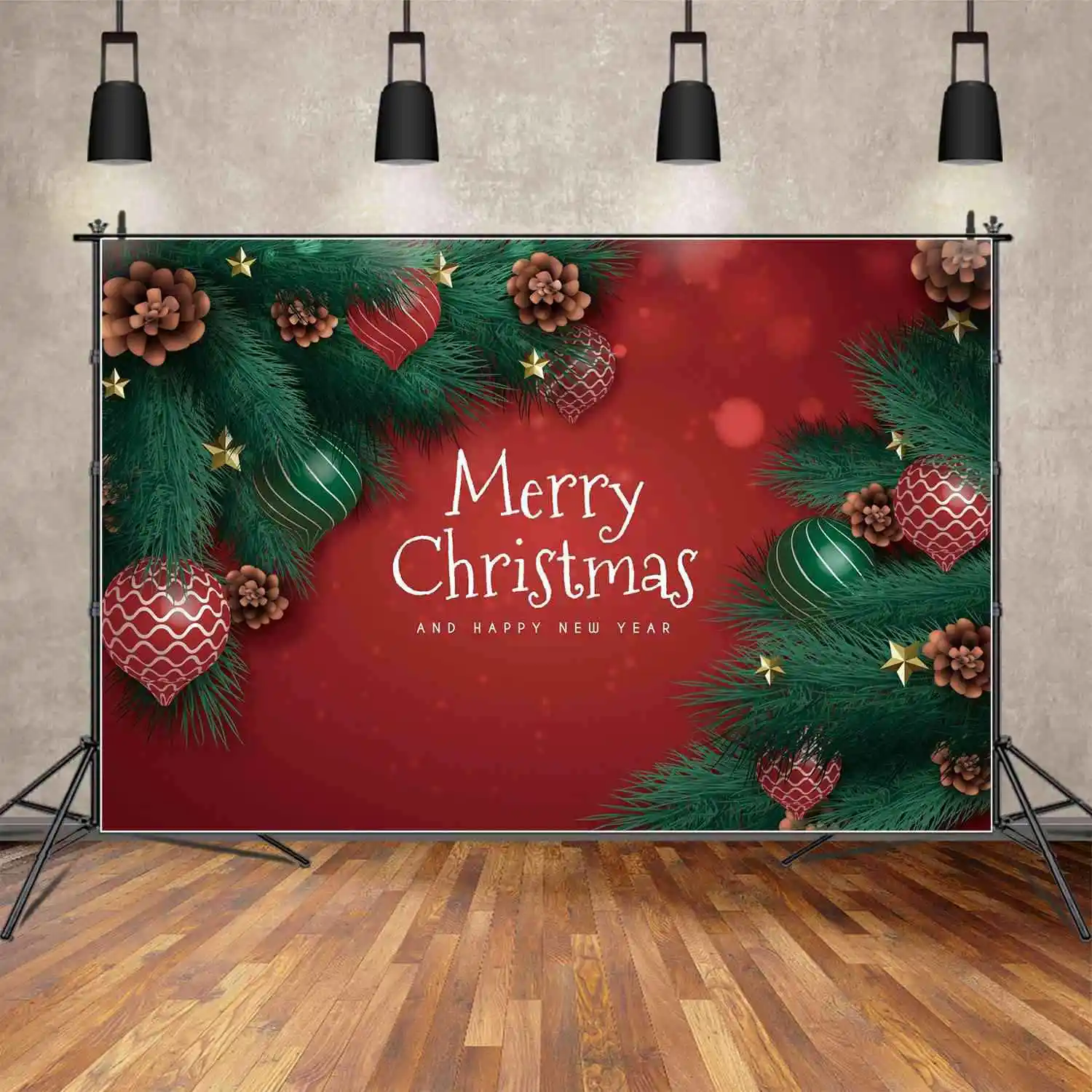 

MOON.QG Backdrop Red Merry Christmas Banner Green Pine Party Wall Decoration Background Baby Light Bokeh Nut Balloon Photo Booth