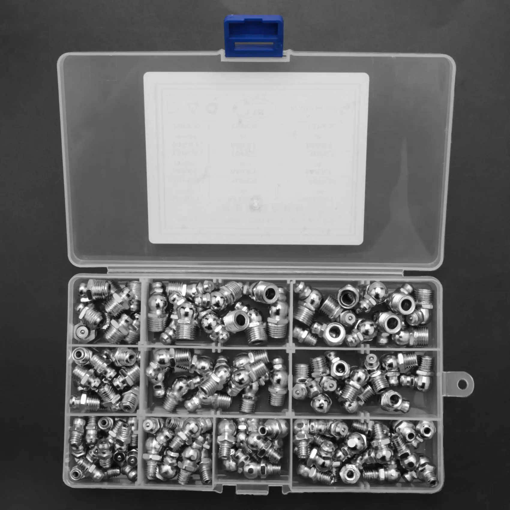 

115Pcs Steel Zerk Grease Nipple Fittings Assortment Kit ,Straight, 90-Degree, 45-Degree Angled(M6,M8,M10)