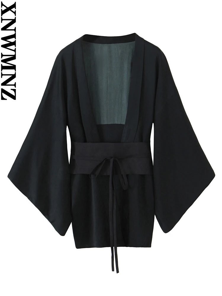

XNWMNZ Женская мода 2023 осень атласный корсет пояс кимоно для женщин в стиле Хай-стрит рукава накидки регулируемые Галстуки женский топ