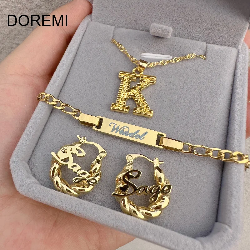 

DOREMI Name Jewelry Set Box Earring Personalized Initial Letter Necklace Customized Name Engrave Bracelet Custom Jewelry Set