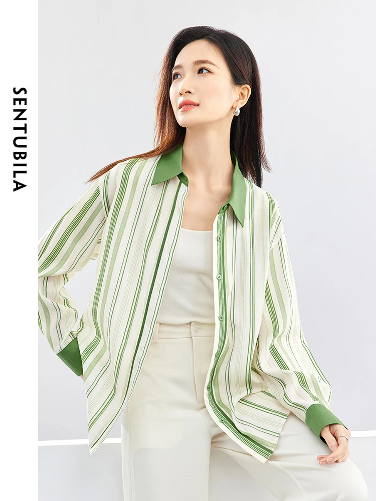 

SENTUBILA Contrast Green Striped Polo Collar Blouse 2024 Spring Loose Button Up Thin Shirts & Blouses Drop Sleeve Top 141C53012