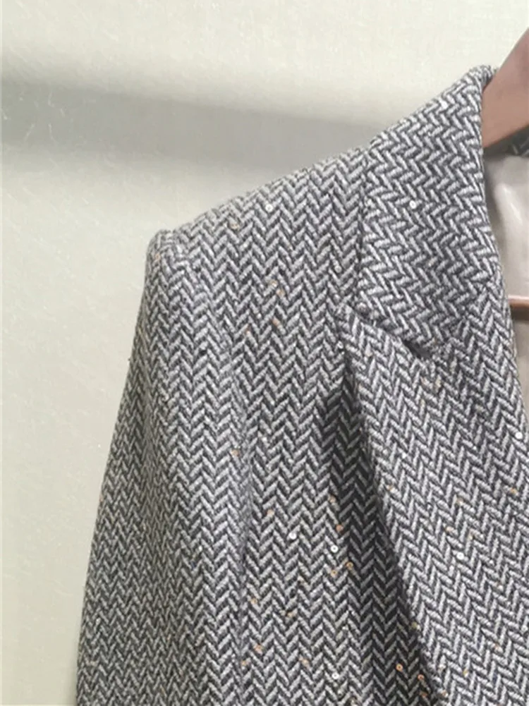 2022 Spring New Women's Sequined Blazer Shorts Set Herringbone Single Button Long Sleeve Office Lady Suit Coats |