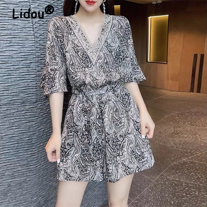 

Women Hollow Lace Paisley Print Lace Up Vintage Elegant Jumpsuit Shorts Summer Fashion V Neck Short Sleeve Rompers Ropa De Mujer