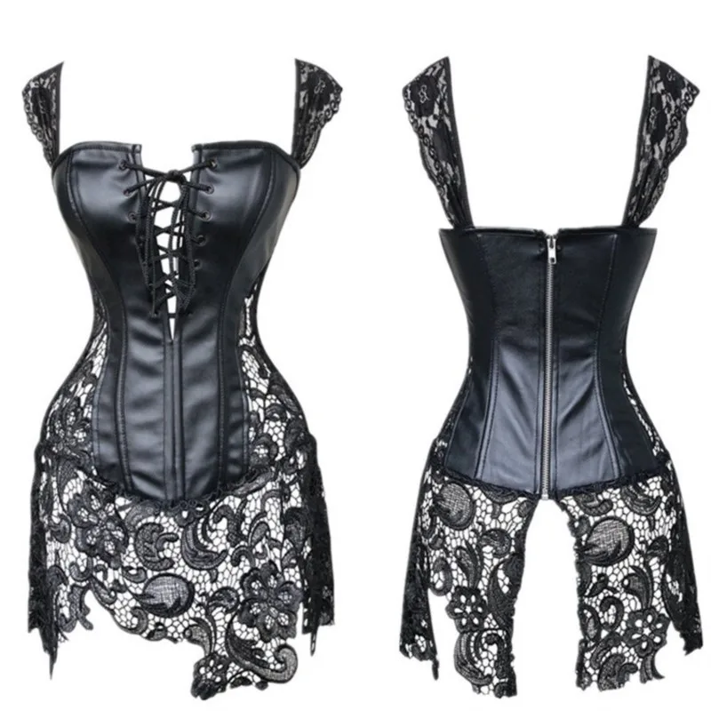 

2024 New Women Steampunk Faux Leather Waist Cincher Lace Up Boned Bustier Top Corset Dress Overbust Brocade Sexy S-6XL