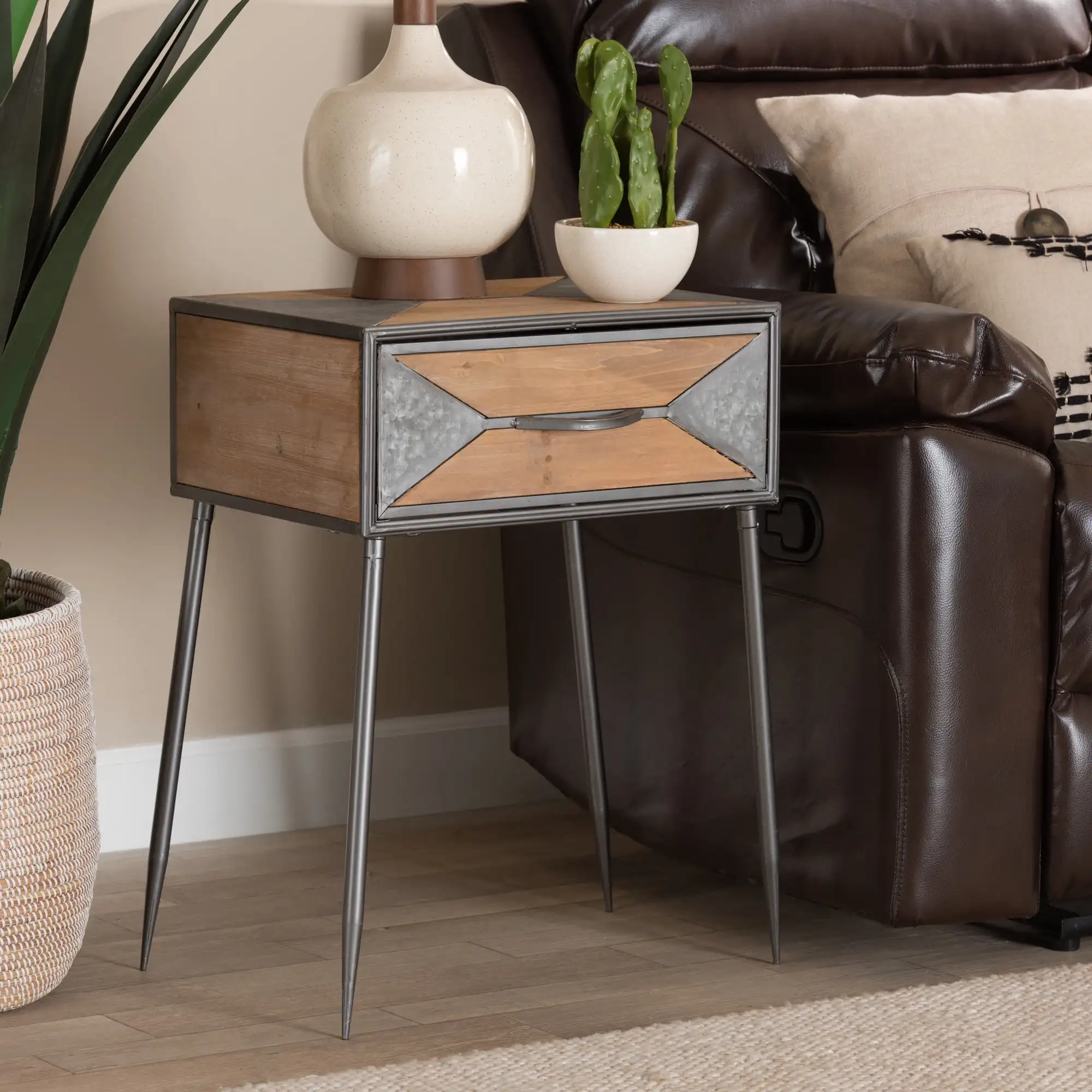 Baxton Studio Laurel Rustic Industrial Antique Grey Finished Metal and Whitewashed Oak Brown Finished Wood 1-Drawer End Table
Baxton Studio Laurel Rustic Industrial Antique Grey Finished Metal and Whitewashed Oak Brown Finished Wood 1-Drawer End Table