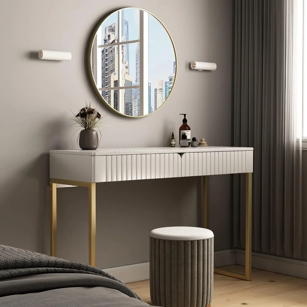 White Vanity Desk with 2 Drawers, Gold and White Desk,Home Office Desk Modern Makeup Vanity Table, Entryway Console Table
White Vanity Desk with 2 Drawers, Gold and White Desk,Home Office Desk Modern Makeup Vanity Table, Entryway Console Table