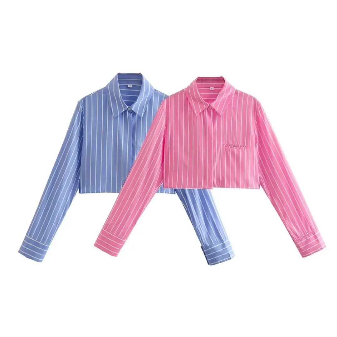 New Women's European and American Style Polo Neck Stripe Pocket Decoration Long Sleeve Loose Short Shirt
New Women's European and American Style Polo Neck Stripe Pocket Decoration Long Sleeve Loose Short Shirt
