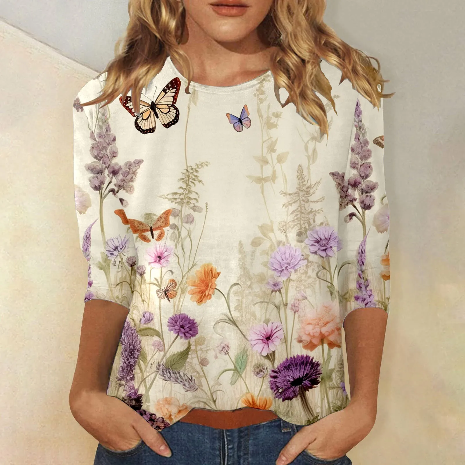 

Женская Винтажная футболка, футболка, свитшот с цветочным рисунком, Повседневная футболка на выходные, футболка с длинными рукавами и принтом, круглый вырез, базовая уличная одежда