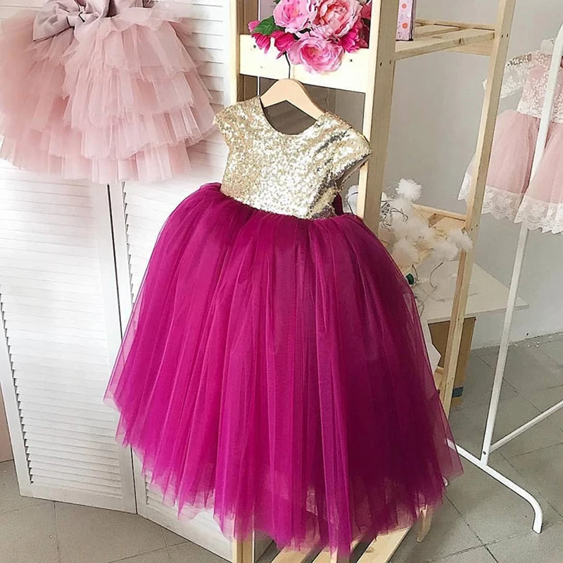 

Baby Girls Bow Princess Vintage Dress Tulle Children Vestido Kids Bling Wedding Party Birthday Tutu Dress Fashion Seleeveless