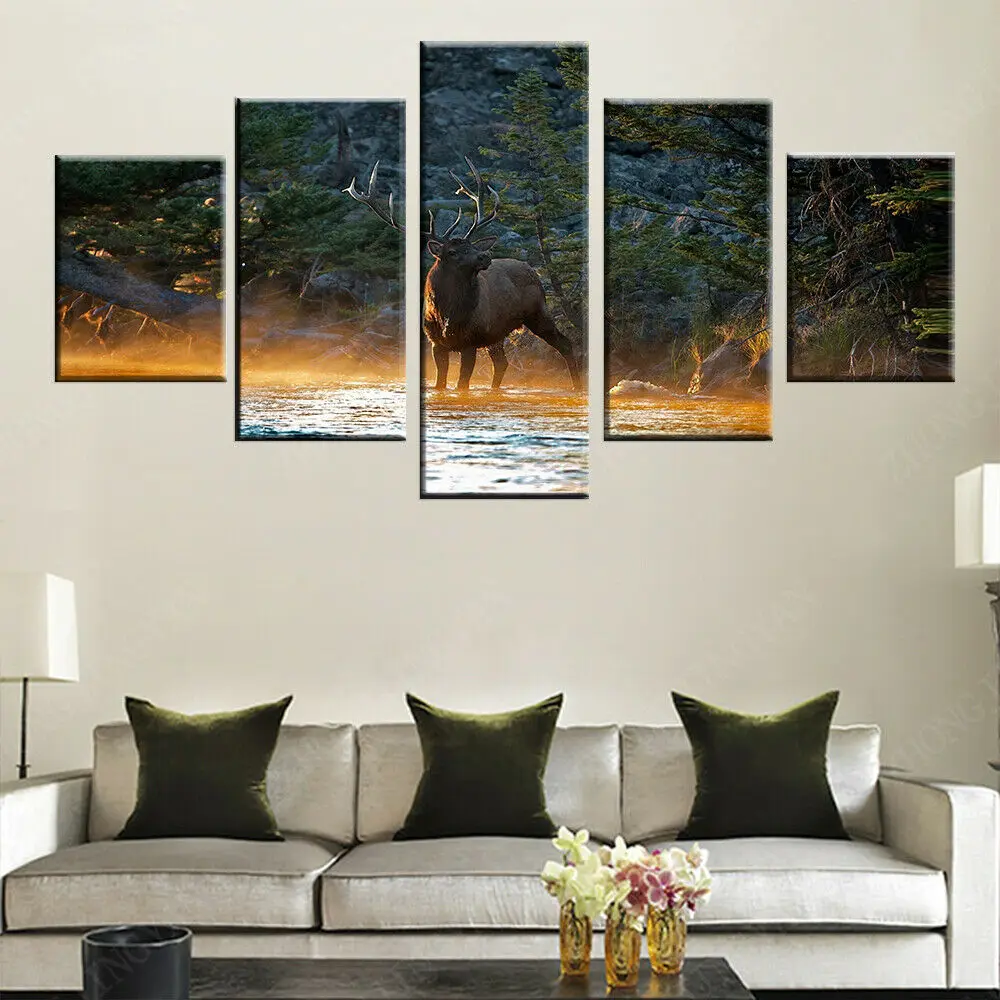 

5 Pieces Animal Deer In Forest Stream Elk Sunset Landscape Paintings HD Prints 5 Panel HD Print Pictures Canvas Wall Art Poster