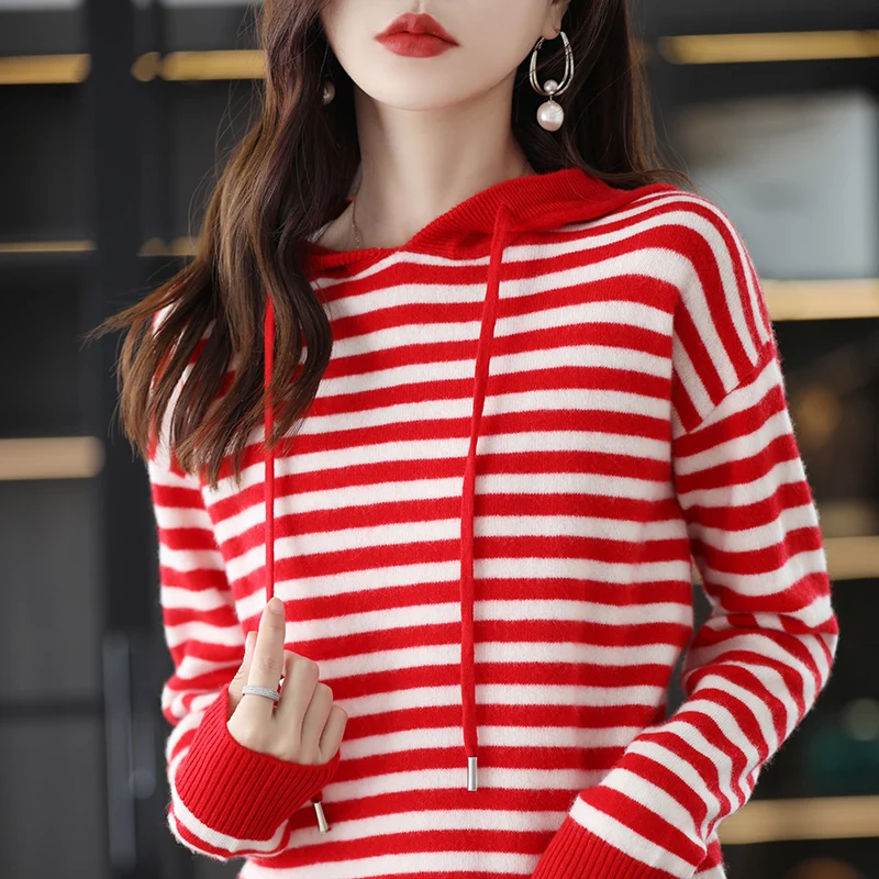 100% Pure Wool Hooded Women's Sweater 2022 Autumn / Winter New Sweater Casual Knitted Color Matching Tops Fashion Female Hoodie
100% Pure Wool Hooded Women's Sweater 2022 Autumn / Winter New Sweater Casual Knitted Color Matching Tops Fashion Female Hoodie