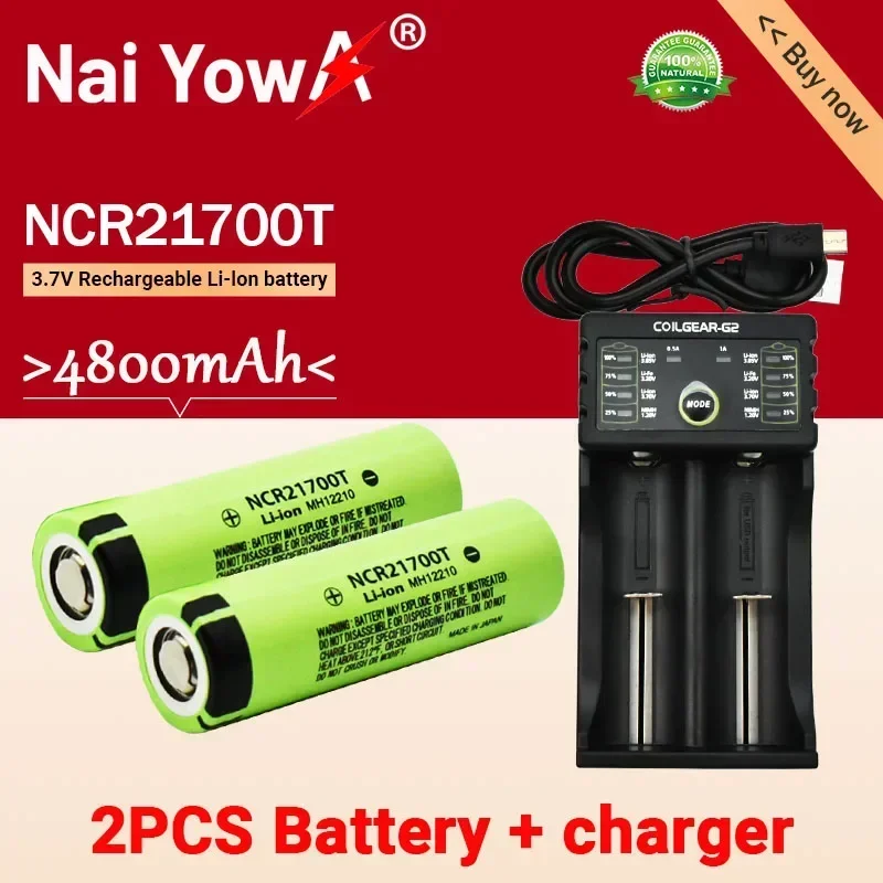 New 21700 NCR21700T Rechargeable Lithium 4800mAh 3.7V Power Battery High Discharge High Drain Li-ion Battery HD Cell +charger
New 21700 NCR21700T Rechargeable Lithium 4800mAh 3.7V Power Battery High Discharge High Drain Li-ion Battery HD Cell +charger