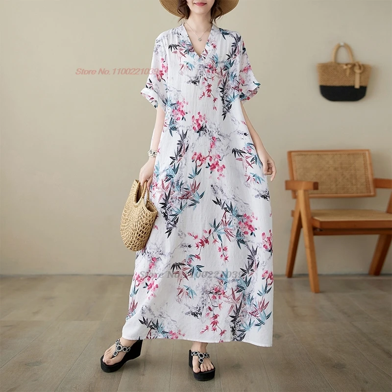 

2024 chinese traditional folk dress national v-neck dress retro flower print hanfu dress oriental a-line beach bohemian dress