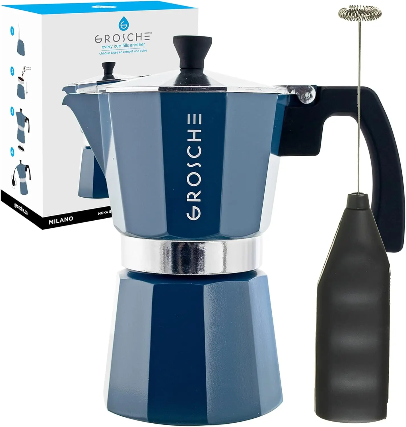 Milano Stove top espresso maker (6 espresso cup size 9.3 oz) Blue, and battery operated milk frother bundle for lattes
Milano Stove top espresso maker (6 espresso cup size 9.3 oz) Blue, and battery operated milk frother bundle for lattes