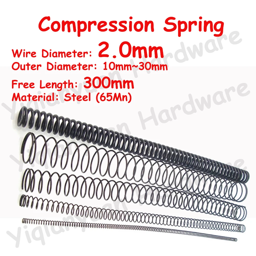 

2Pcs Wire Diameter 2.0mm Spring Steel Compression Spring Free Length 300mm OD10mm~30mm Ultra-Long Pressure Rotor Return Spring